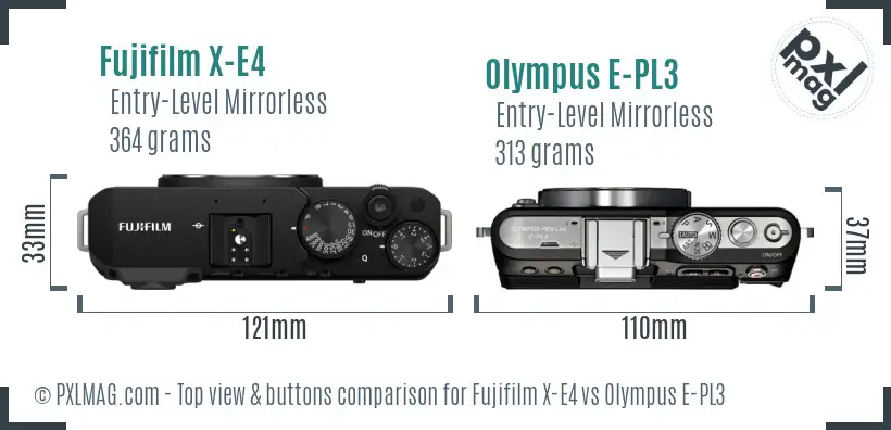 Fujifilm X-E4 vs Olympus E-PL3 top view buttons comparison