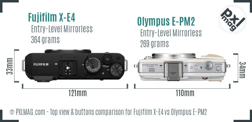 Fujifilm X-E4 vs Olympus E-PM2 top view buttons comparison