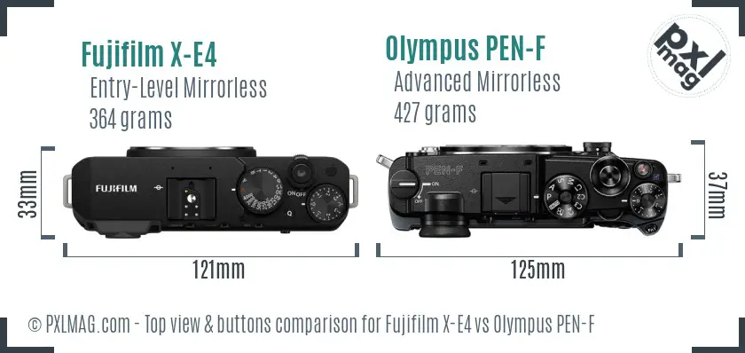 Fujifilm X-E4 vs Olympus PEN-F top view buttons comparison Fujifilm X-E4 vs Olympus PEN-F top view buttons comparison