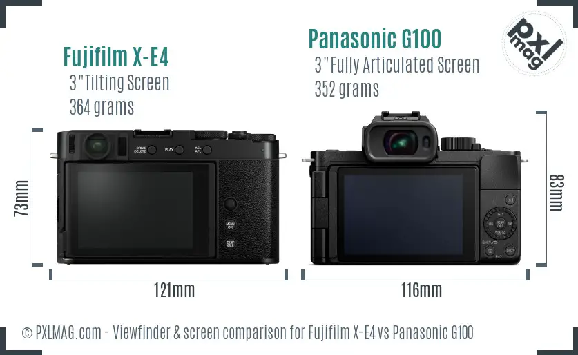 Fujifilm X-E4 vs Panasonic G100 Screen and Viewfinder comparison