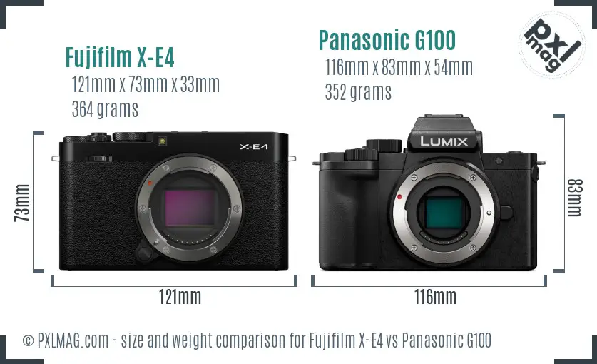 Fujifilm X-E4 vs Panasonic G100 size comparison