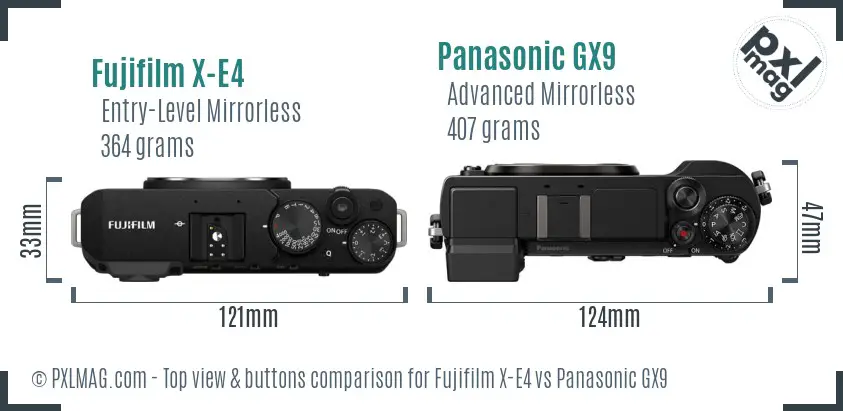 Fujifilm X-E4 vs Panasonic GX9 top view buttons comparison