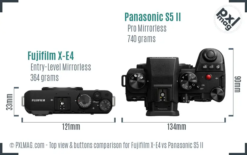Fujifilm X-E4 vs Panasonic S5 II top view buttons comparison Fujifilm X-E4 vs Panasonic S5 II top view buttons comparison