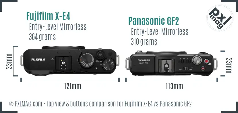 Fujifilm X-E4 vs Panasonic GF2 top view buttons comparison
