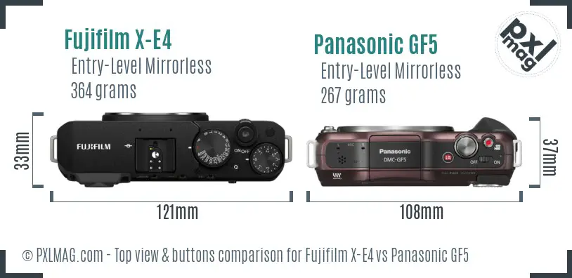 Fujifilm X-E4 vs Panasonic GF5 top view buttons comparison