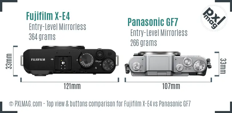 Fujifilm X-E4 vs Panasonic GF7 top view buttons comparison