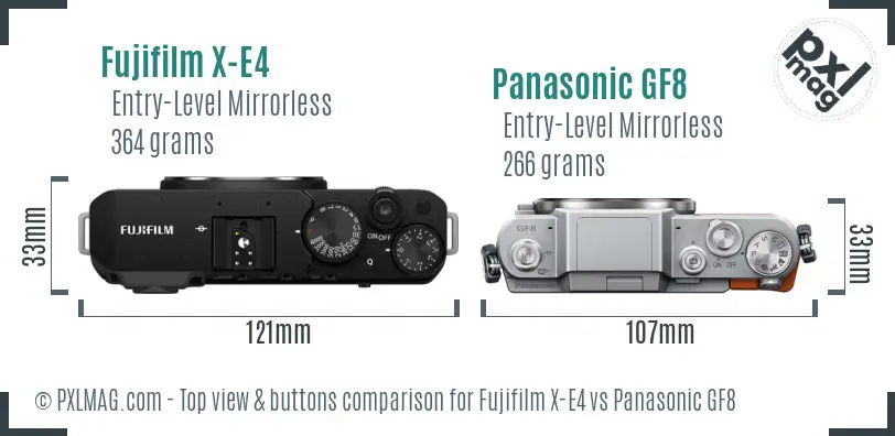 Fujifilm X-E4 vs Panasonic GF8 top view buttons comparison