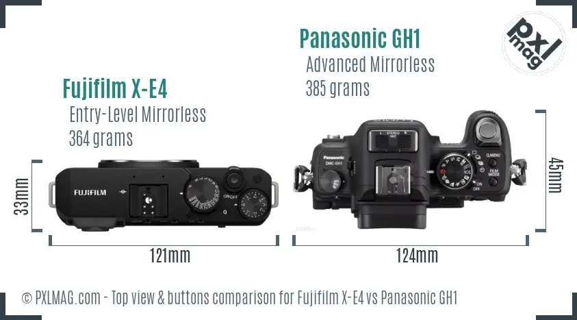 Fujifilm X-E4 vs Panasonic GH1 top view buttons comparison