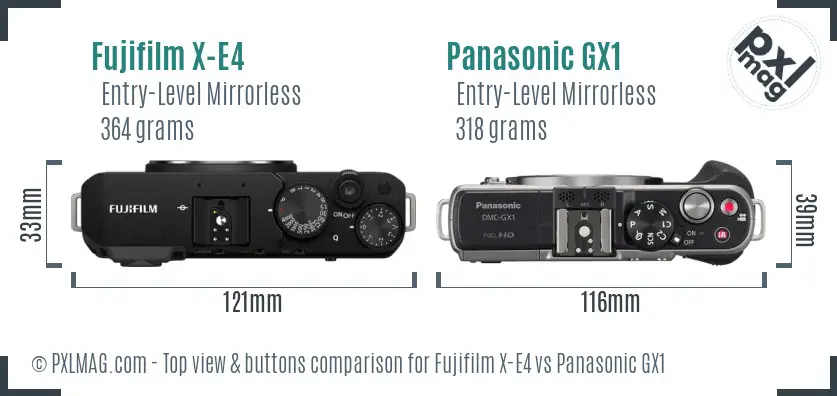 Fujifilm X-E4 vs Panasonic GX1 top view buttons comparison