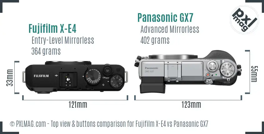 Fujifilm X-E4 vs Panasonic GX7 top view buttons comparison