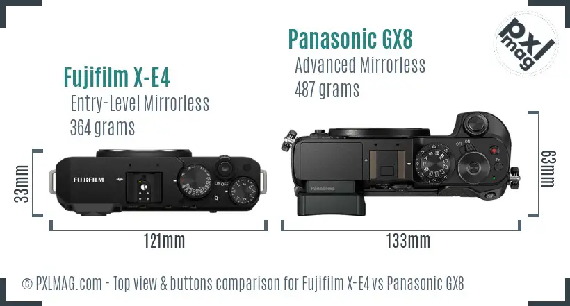 Fujifilm X-E4 vs Panasonic GX8 top view buttons comparison