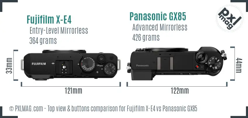Fujifilm X-E4 vs Panasonic GX85 top view buttons comparison