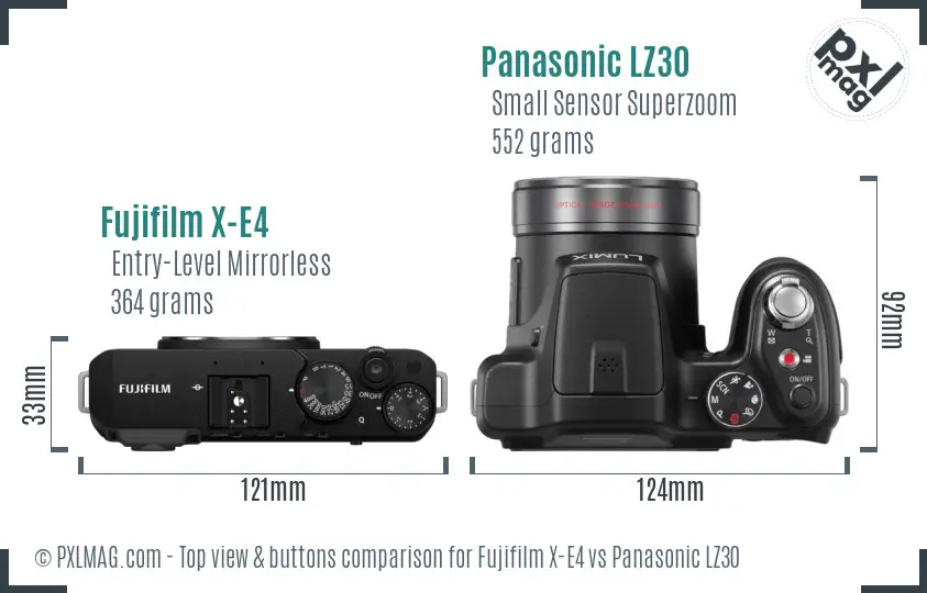 Fujifilm X-E4 vs Panasonic LZ30 top view buttons comparison