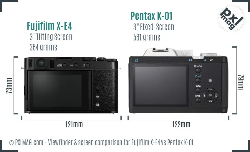 Fujifilm X-E4 vs Pentax K-01 Screen and Viewfinder comparison