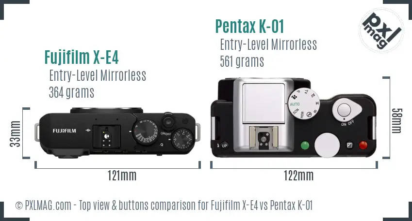 Fujifilm X-E4 vs Pentax K-01 top view buttons comparison