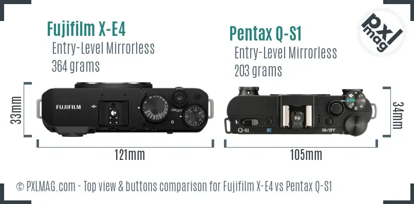 Fujifilm X-E4 vs Pentax Q-S1 top view buttons comparison