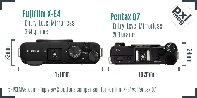Fujifilm X-E4 vs Pentax Q7 top view buttons comparison