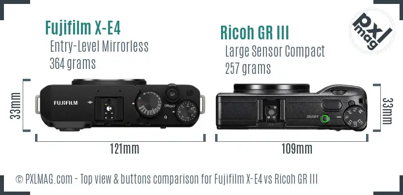 Fujifilm X-E4 vs Ricoh GR III top view buttons comparison