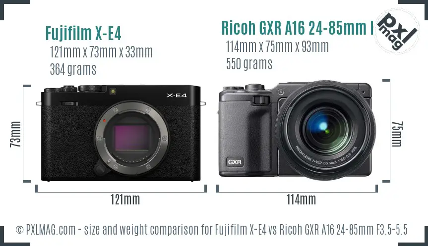 Fujifilm X-E4 vs Ricoh GXR A16 24-85mm F3.5-5.5 size comparison