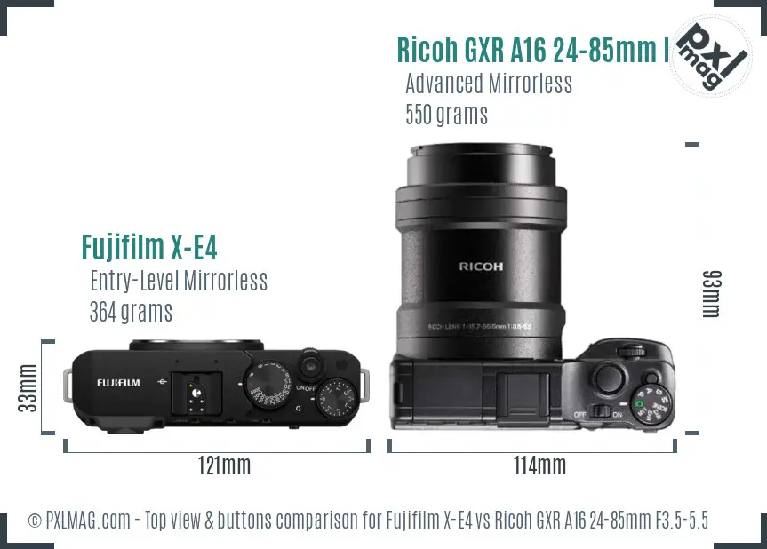 Fujifilm X-E4 vs Ricoh GXR A16 24-85mm F3.5-5.5 top view buttons comparison