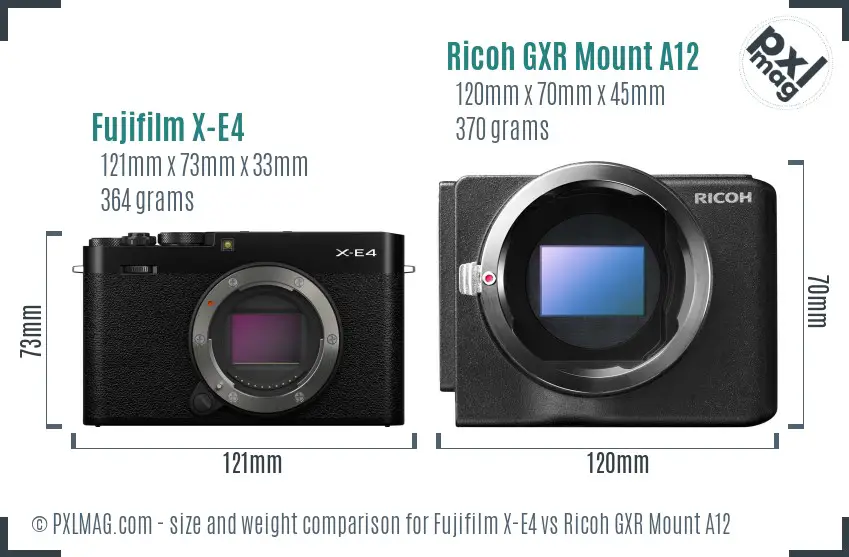 Fujifilm X-E4 vs Ricoh GXR Mount A12 size comparison