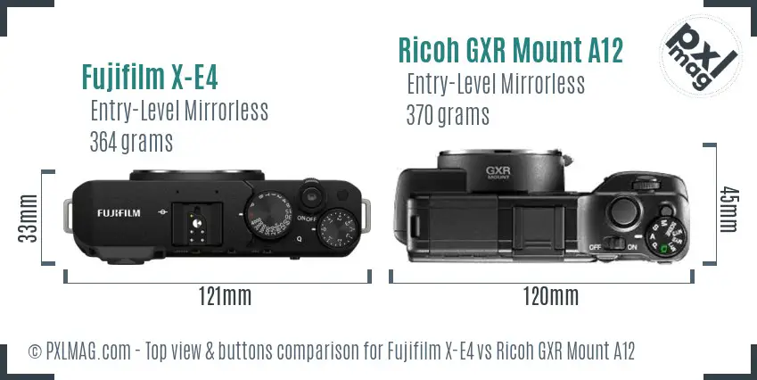Fujifilm X-E4 vs Ricoh GXR Mount A12 top view buttons comparison