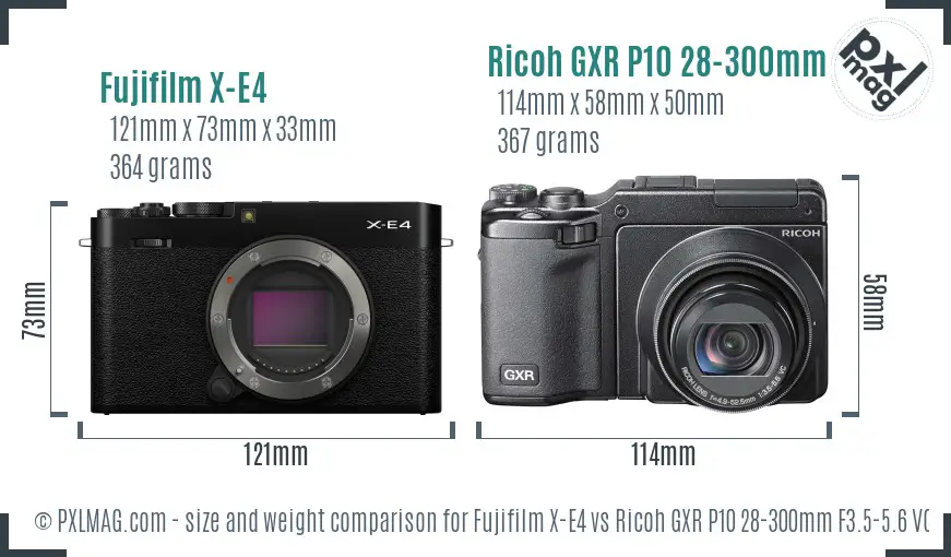 Fujifilm X-E4 vs Ricoh GXR P10 28-300mm F3.5-5.6 VC size comparison