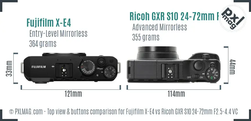 Fujifilm X-E4 vs Ricoh GXR S10 24-72mm F2.5-4.4 VC top view buttons comparison