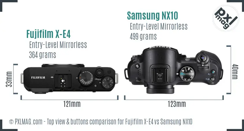 Fujifilm X-E4 vs Samsung NX10 top view buttons comparison