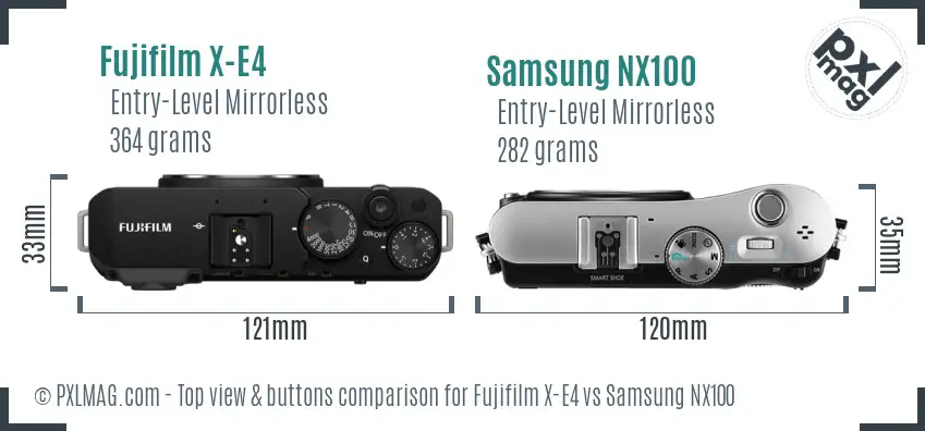 Fujifilm X-E4 vs Samsung NX100 top view buttons comparison