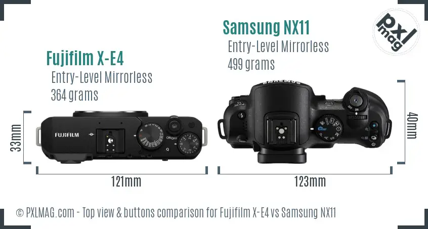 Fujifilm X-E4 vs Samsung NX11 top view buttons comparison