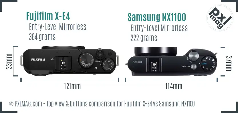 Fujifilm X-E4 vs Samsung NX1100 top view buttons comparison