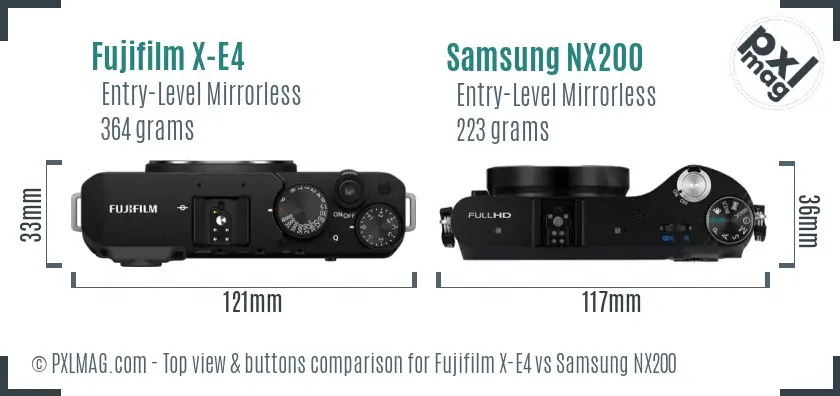 Fujifilm X-E4 vs Samsung NX200 top view buttons comparison