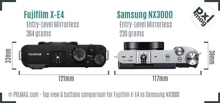 Fujifilm X-E4 vs Samsung NX3000 top view buttons comparison