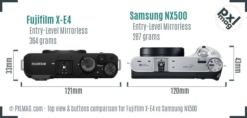 Fujifilm X-E4 vs Samsung NX500 top view buttons comparison