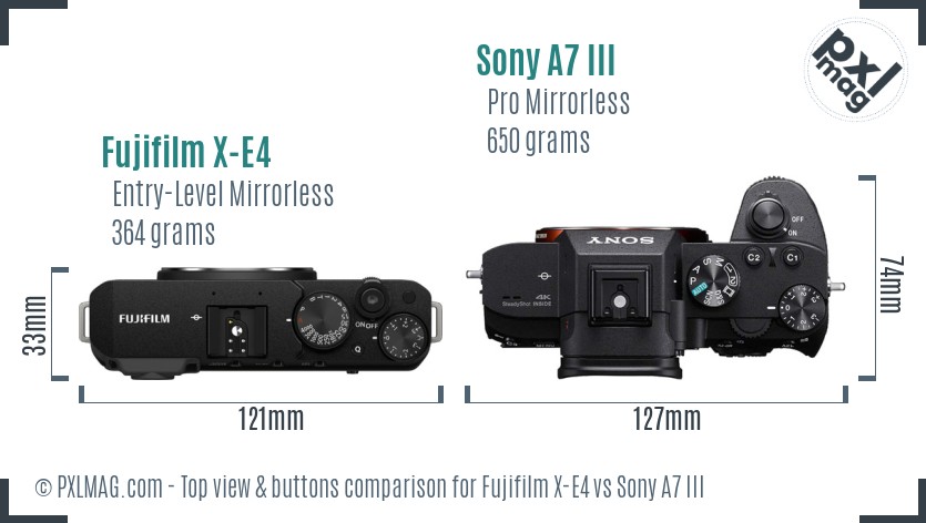 Fujifilm X-E4 vs Sony A7 III top view buttons comparison