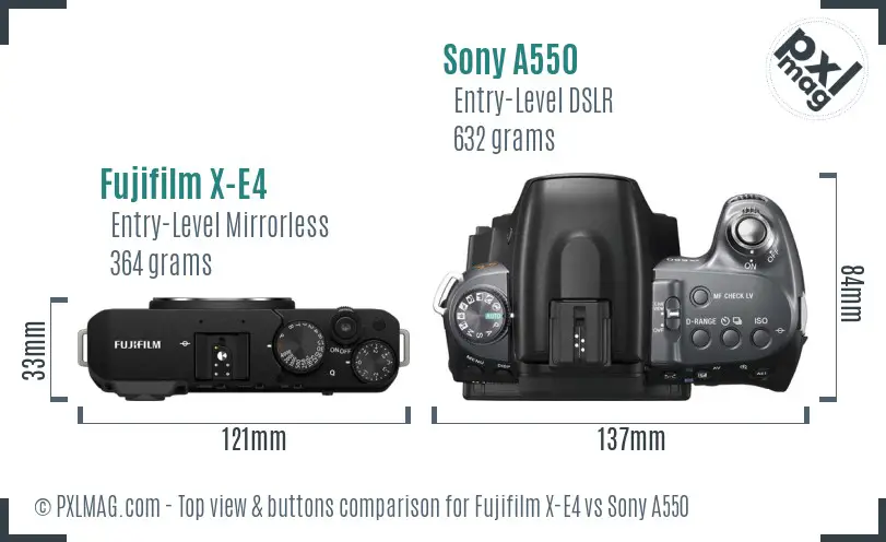 Fujifilm X-E4 vs Sony A550 top view buttons comparison