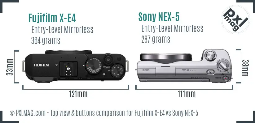 Fujifilm X-E4 vs Sony NEX-5 top view buttons comparison