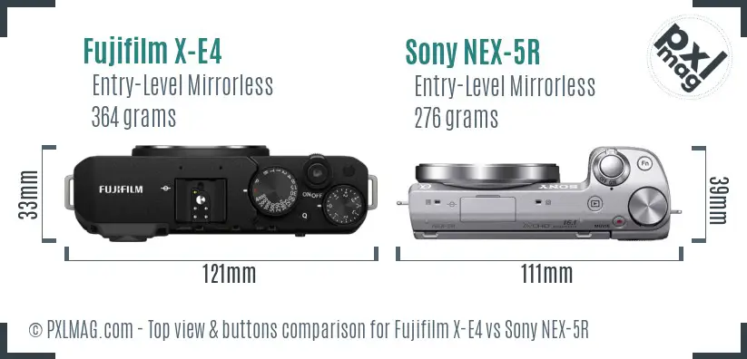 Fujifilm X-E4 vs Sony NEX-5R top view buttons comparison