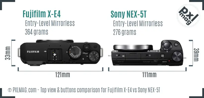 Fujifilm X-E4 vs Sony NEX-5T top view buttons comparison