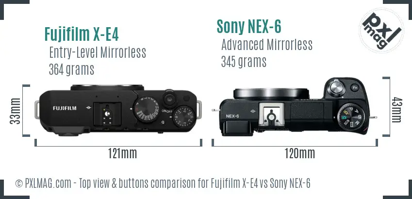 Fujifilm X-E4 vs Sony NEX-6 top view buttons comparison