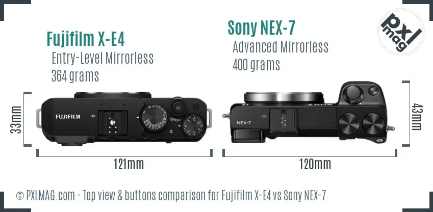 Fujifilm X-E4 vs Sony NEX-7 top view buttons comparison