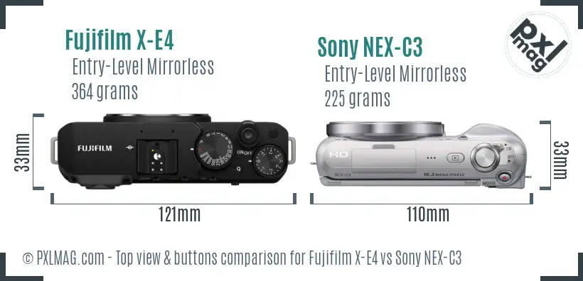 Fujifilm X-E4 vs Sony NEX-C3 top view buttons comparison