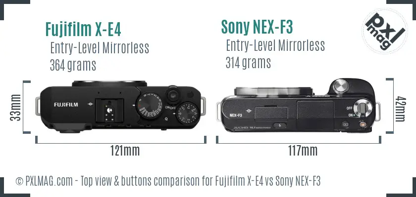 Fujifilm X-E4 vs Sony NEX-F3 top view buttons comparison