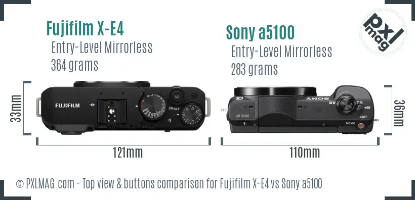 Fujifilm X-E4 vs Sony a5100 top view buttons comparison