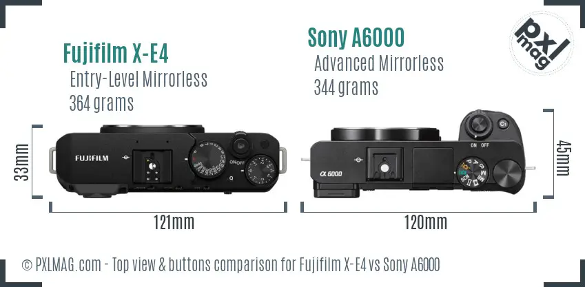 Fujifilm X-E4 vs Sony A6000 top view buttons comparison