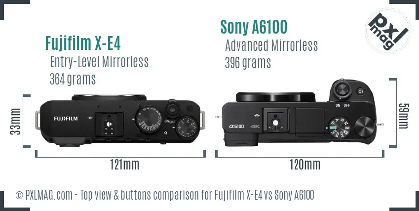 Fujifilm X-E4 vs Sony A6100 top view buttons comparison