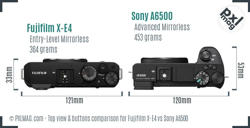Fujifilm X-E4 vs Sony A6500 top view buttons comparison