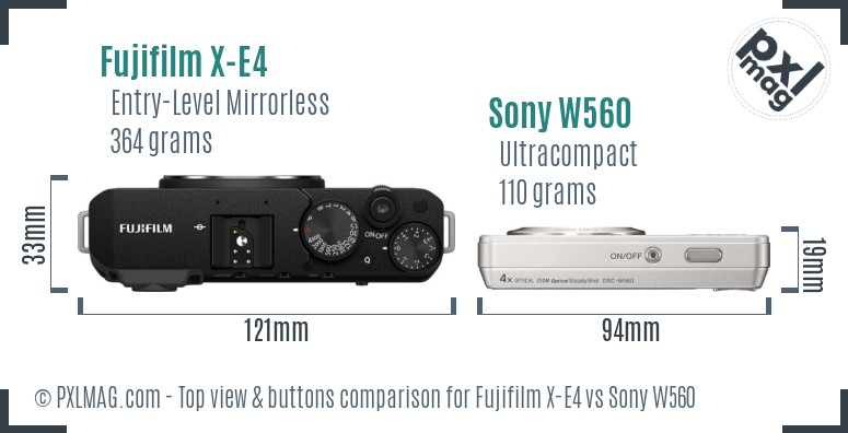 Fujifilm X-E4 vs Sony W560 top view buttons comparison