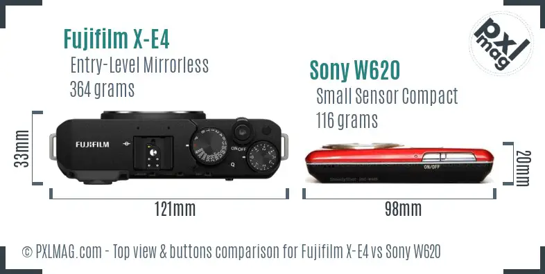 Fujifilm X-E4 vs Sony W620 top view buttons comparison